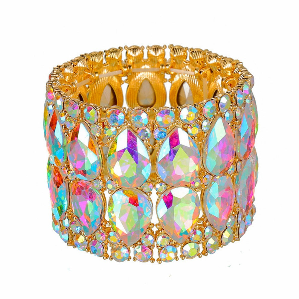 Wholesale Popular Fashion Rhinestone Crystal Gemstone Elastic Wide Alloy Bracelet