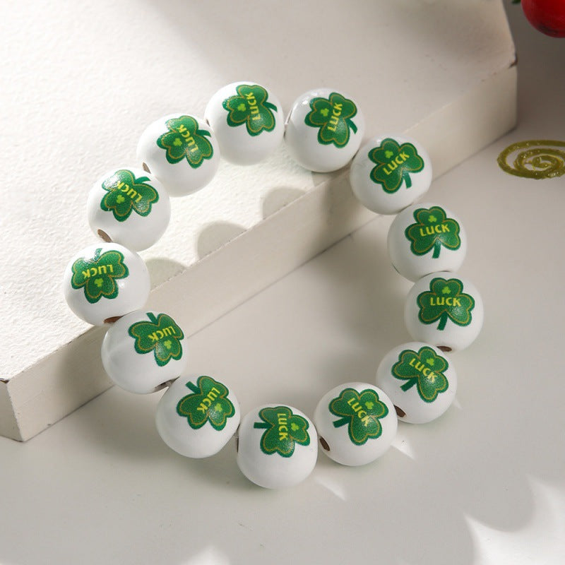 Wholesale St. Patrick's Day Wooden Beads Bracelet on White Background