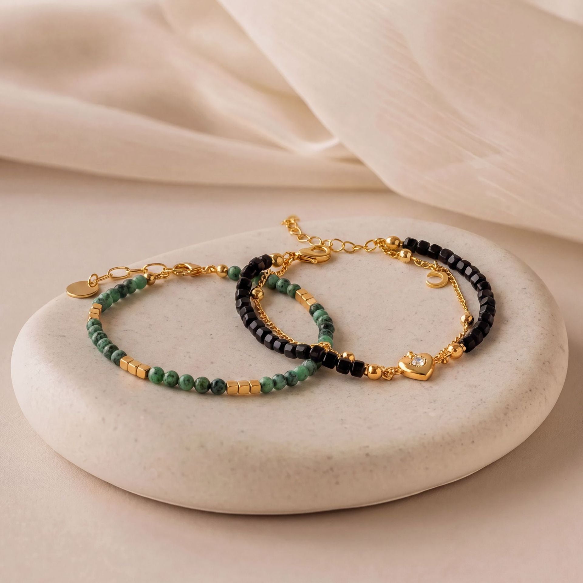 Wholesale Boutique Multi Layer Stackable Bracelet Gold Plated With Zircon Black Crystal Green Beads Retro Sweet Style