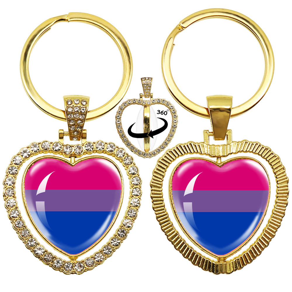 Wholesale LGBT Rainbow Rhinestone Heart Shaped 360 Degree Rotating Double Sided Metal Keychain