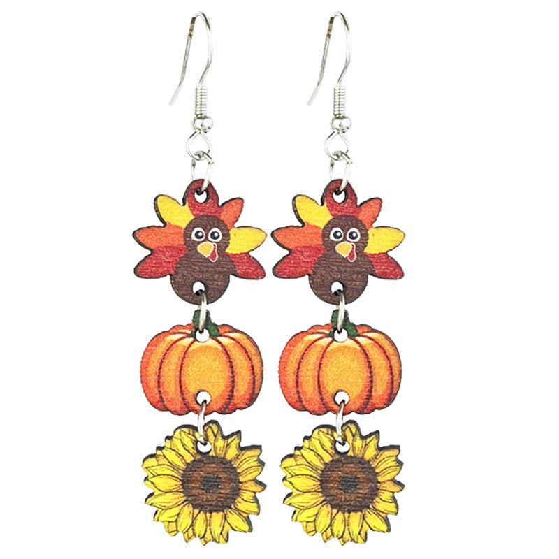 Wholesale Thanksgiving Wooden Turkey Pumpkin Maple Leaf Earrings