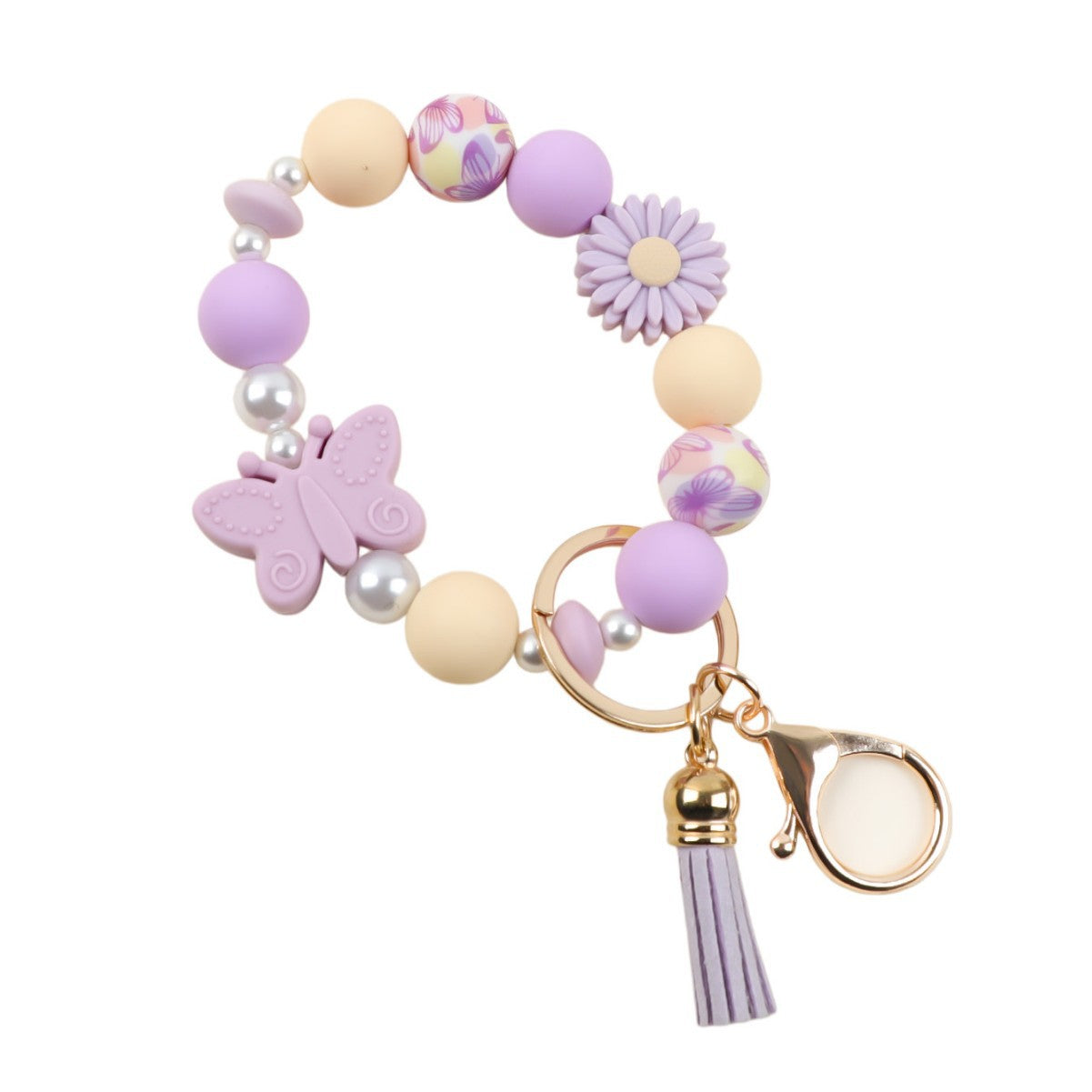 Wholesale  silicone printed wooden bead keychain bracelet key pendant