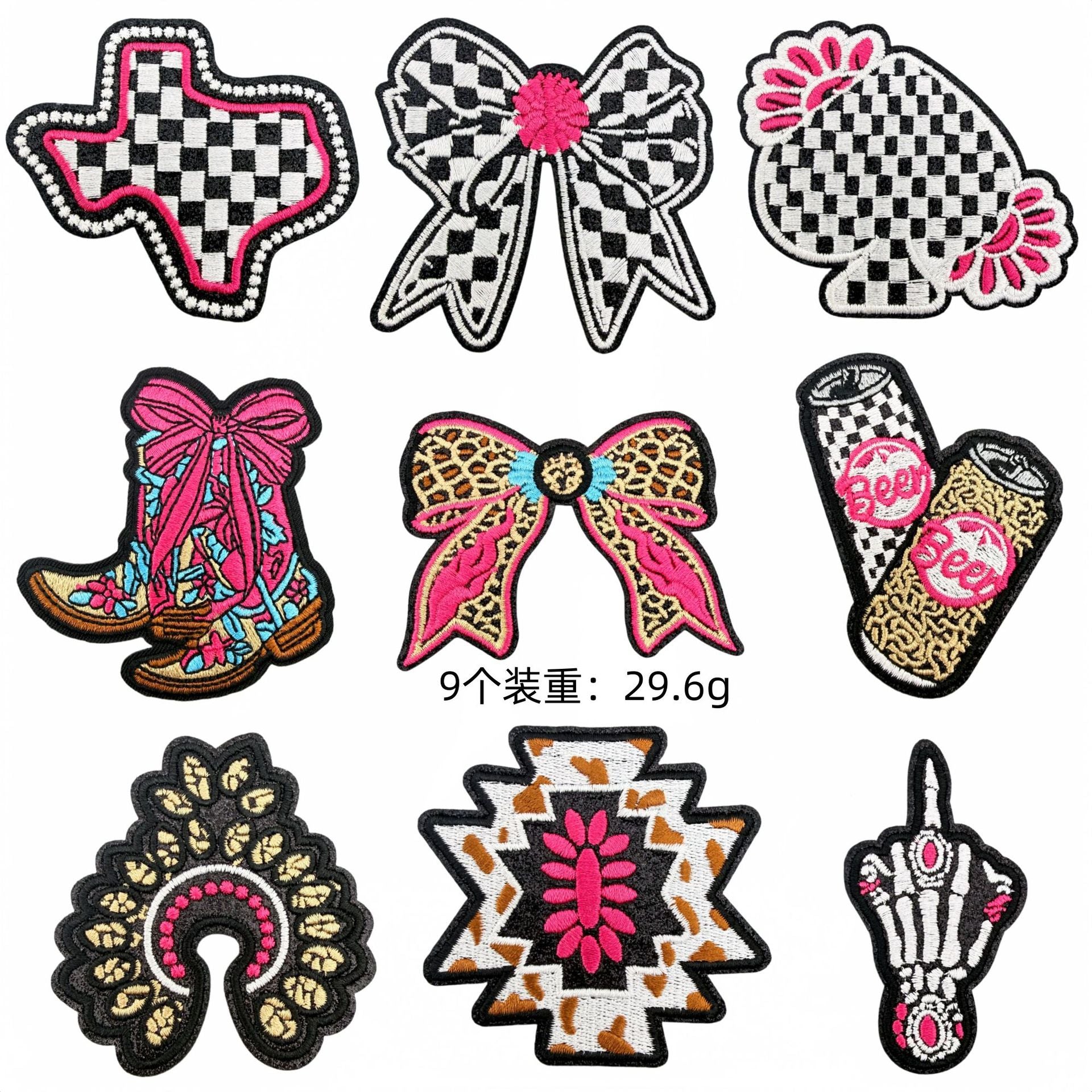Wholesale Chic Embroidered Patch Set Of 18 Polyester Thread Cowboy Skull Bow Checkerboard DIY Craft Supply For Clothing Decoration