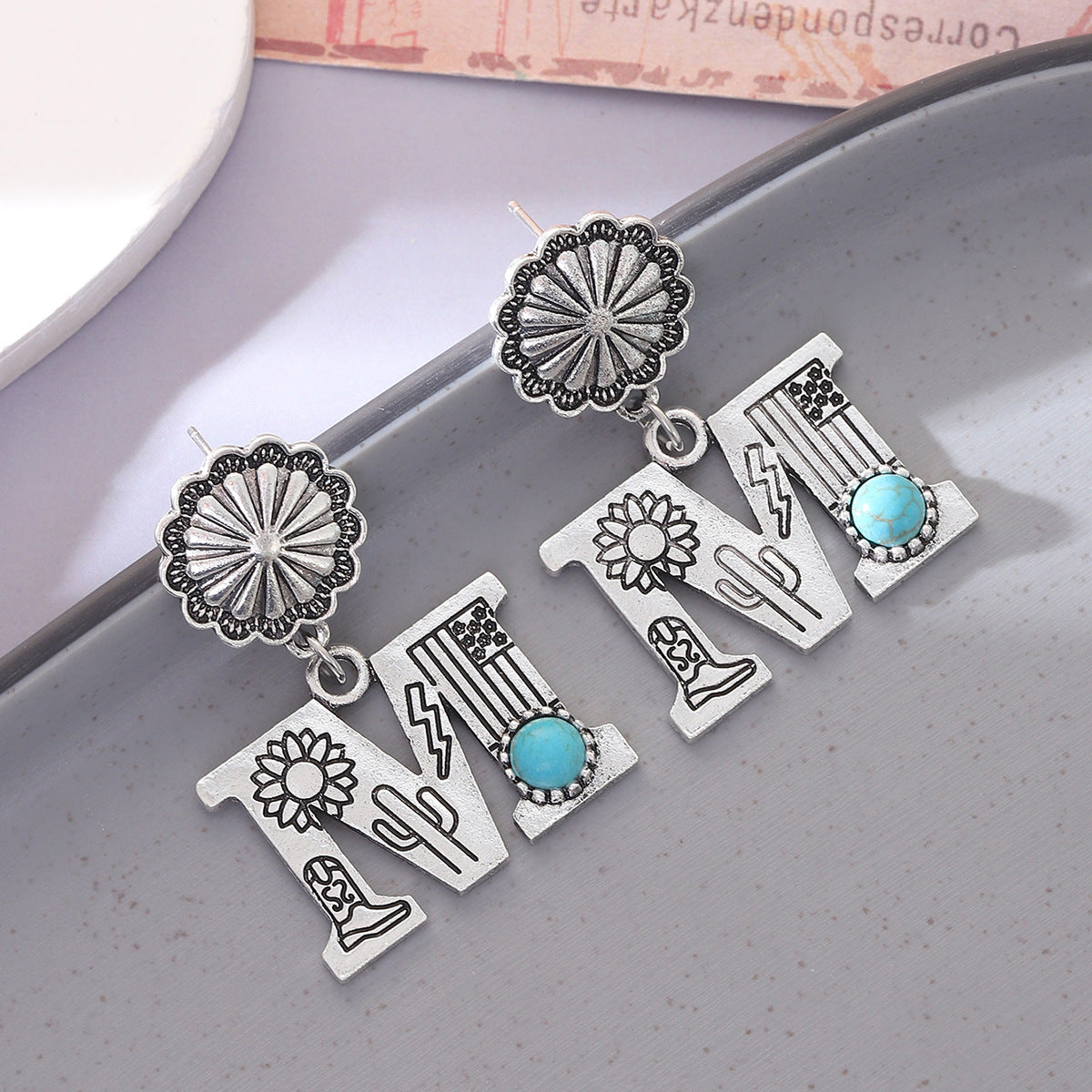 Wholesale Western Denim Sunflower Cactus Alloy Earrings