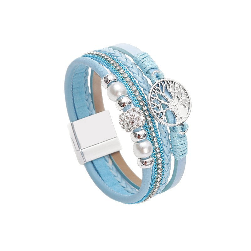 Wholesale Ethnic style imitation pearl diamond ball magnetic clasp woven bracelet