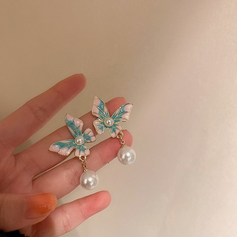 Wholesale Forest-style colorful diamond butterfly long earrings