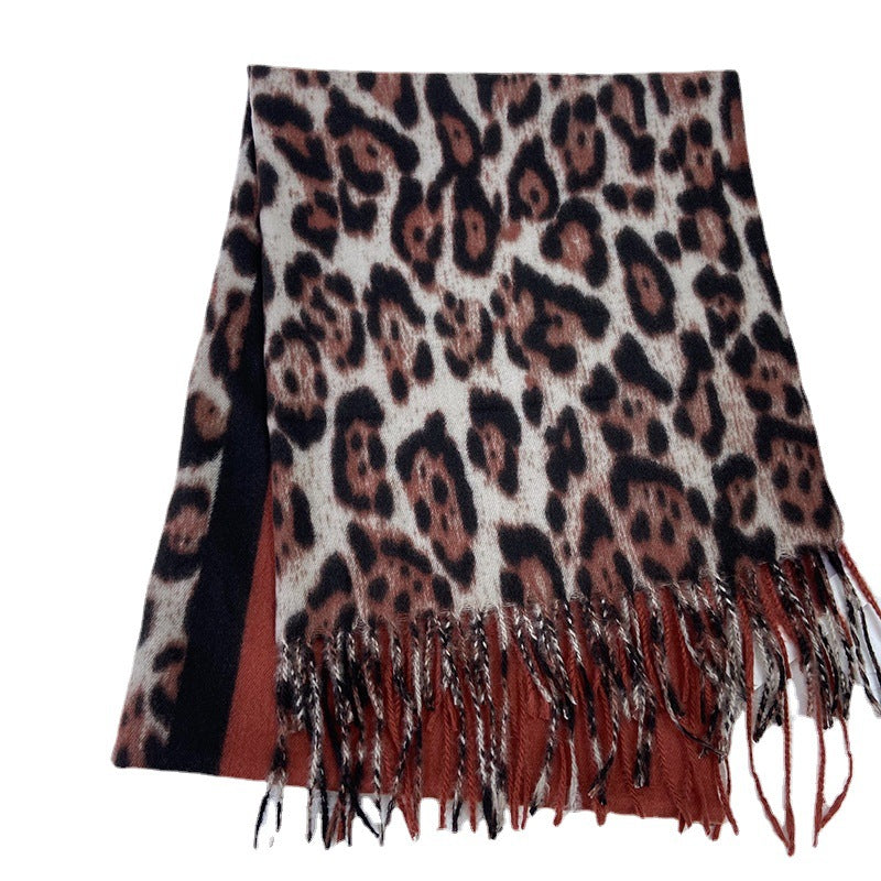 Wholesale Autumn and Winter Leopard Print Color Block Printed Tassel Imitation Cashmere Scarf