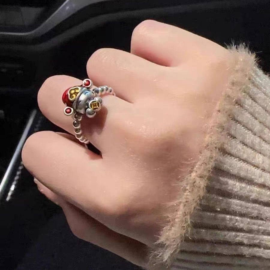 Wholesale Sterling Silver Gold Coin Small God of Wealth This Life Lucid Transfer Ring Hand-woven Chinese Style Tanabata Girlfriend Gift