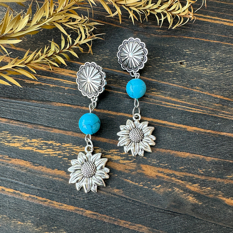 Wholesale Western Style Bull Head Sunflower Inlaid Turquoise Metal Earrings