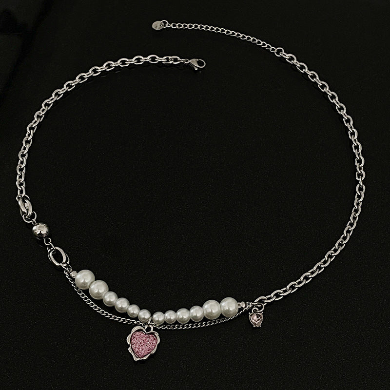 Wholesale Pink Heart Pearl Stitching Necklaces