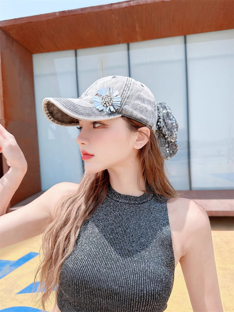 Wholesale Distressed Back Sequin Cloud Bow Baseball Cap