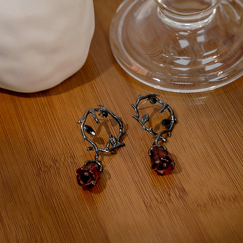 Wholesale Dark rattan red rose flower earrings