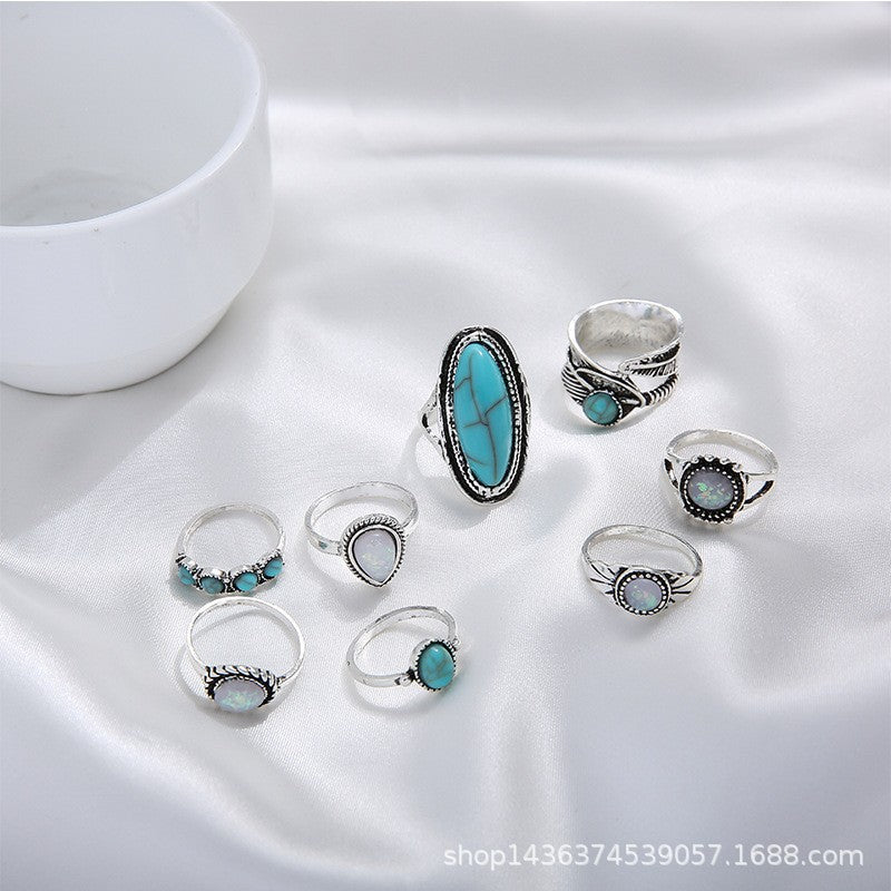 Wholesale Vintage turquoise carved feather ring set 8 pieces