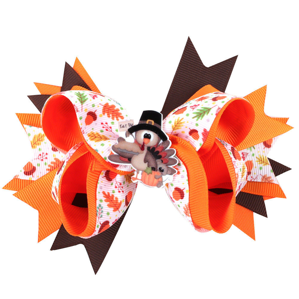 Wholesale 10pcs/pack Thanksgiving Children' s Bow Hairpin Point Small Turkey Accessories Headwear Rowan Ribbon