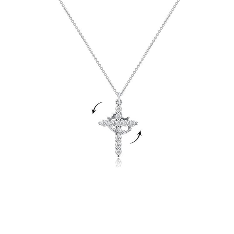 Wholesale Full Diamond Rotating Crown Cross Pendant Necklace