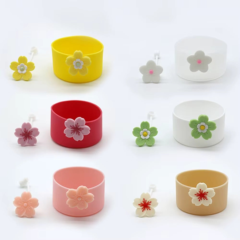 Wholesale Selling silicone insulated cup sleeves flower-decorated cup holders straw caps