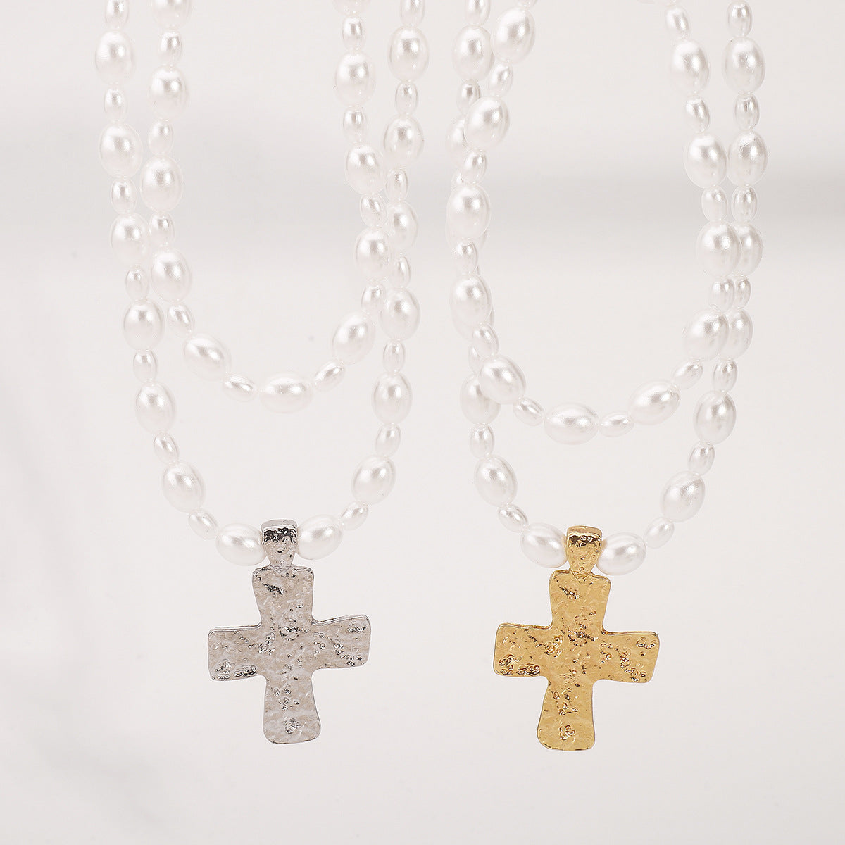 Wholesale Cross Pendant Vintage Pearl Double Layer Clavicle Necklace