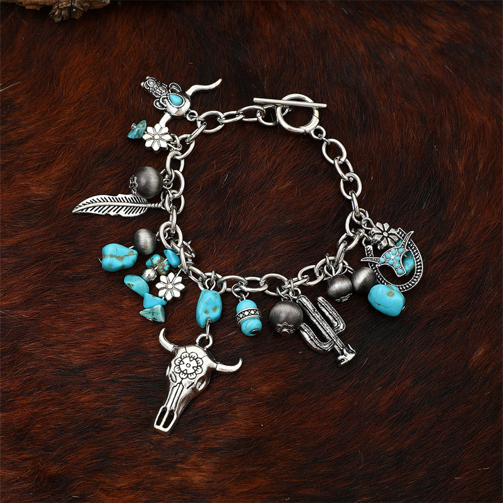 Wholesale Ethnic Bohemian Turquoise Bull Head Elephant Leaf Handmade Multi-layer Bracelet