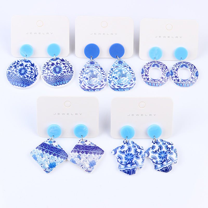 Wholesale Vintage Blue and White Porcelain Fragments Acrylic Earrings