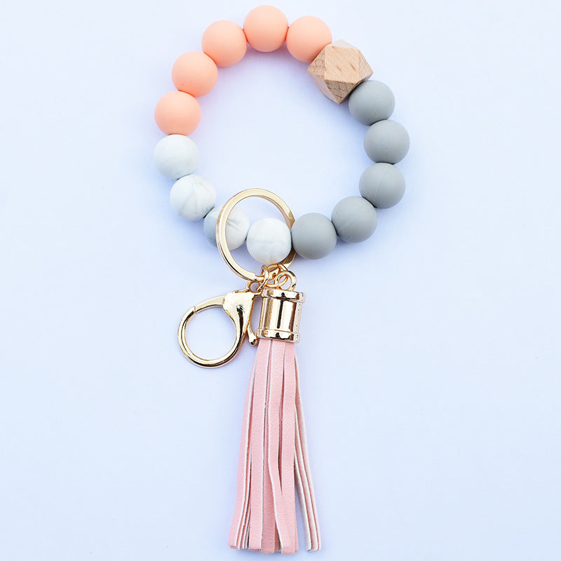 Wholesale Food Grade Silicone Beads Leather Tassel Wood Beads Bracelet Keychain