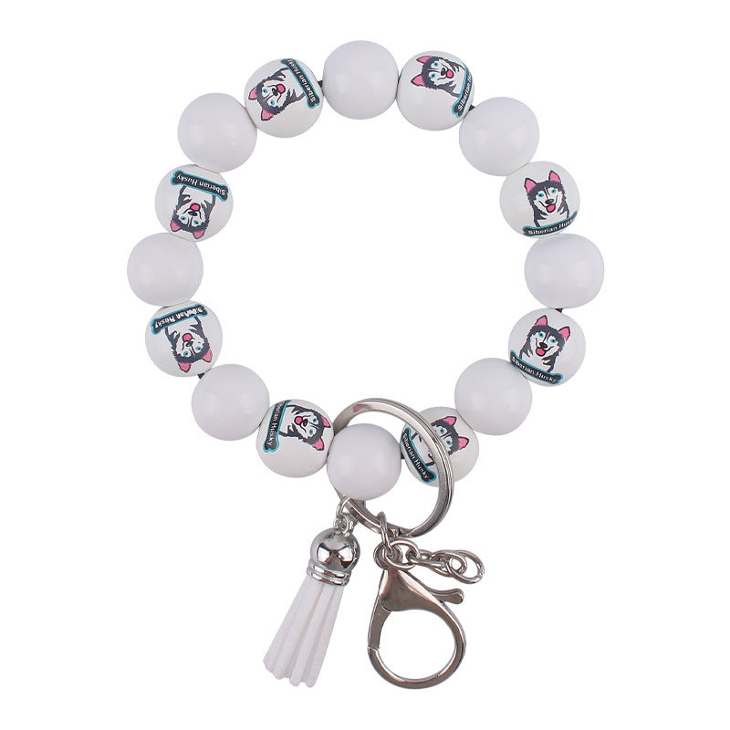 Wholesale Wooden Dog Leather PU Small Tassel DIY Beaded Bracelet Keychains
