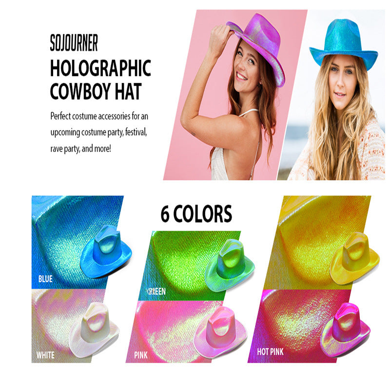 Wholesale Halloween Party Pink Fluorescent Colorful Denim Cowboy Hat Laser Combination Style Phantom Cowboy Hat Adult Costume Accessory