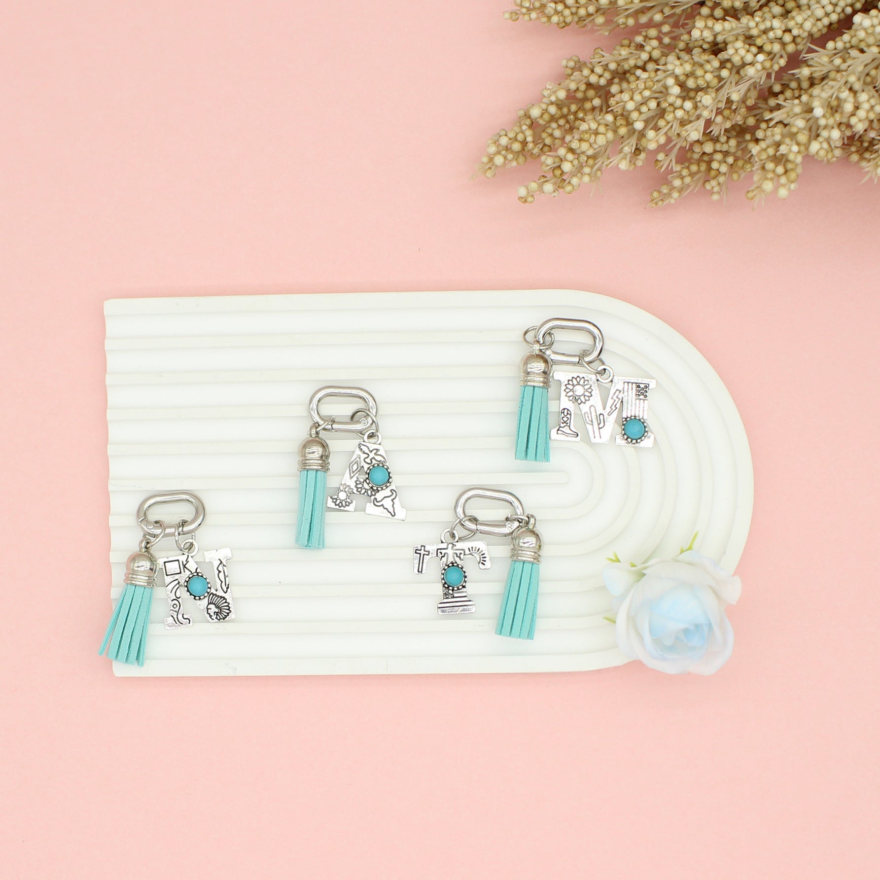 Wholesale ethnic style turquoise 26 letter tassel pendant