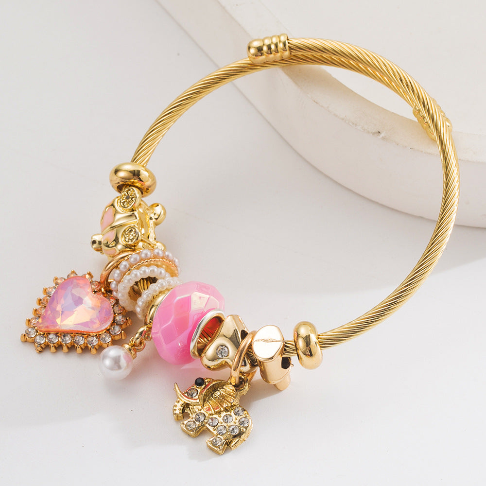 Wholesale Diamond encrusted elephant heart pendant with adjustable bracelet