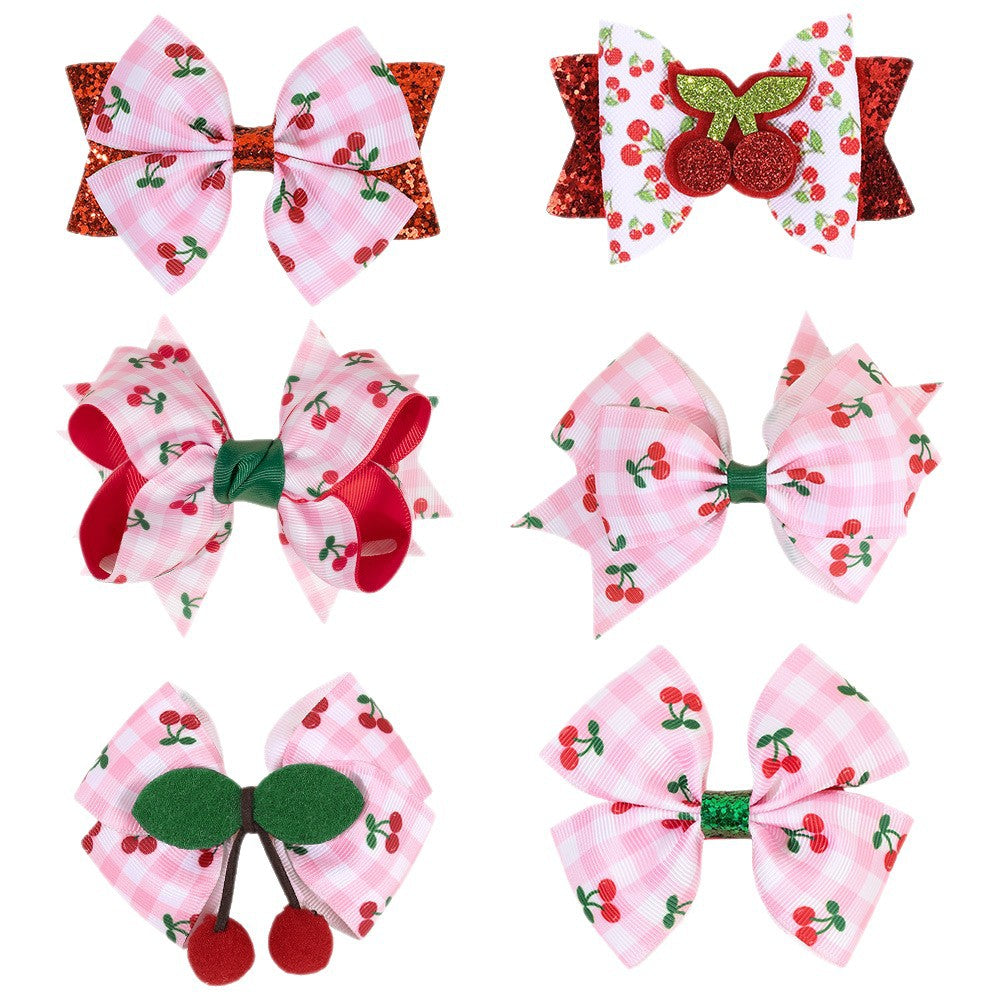 Wholesale Pink Plaid Cherry Print Bow Hairpin