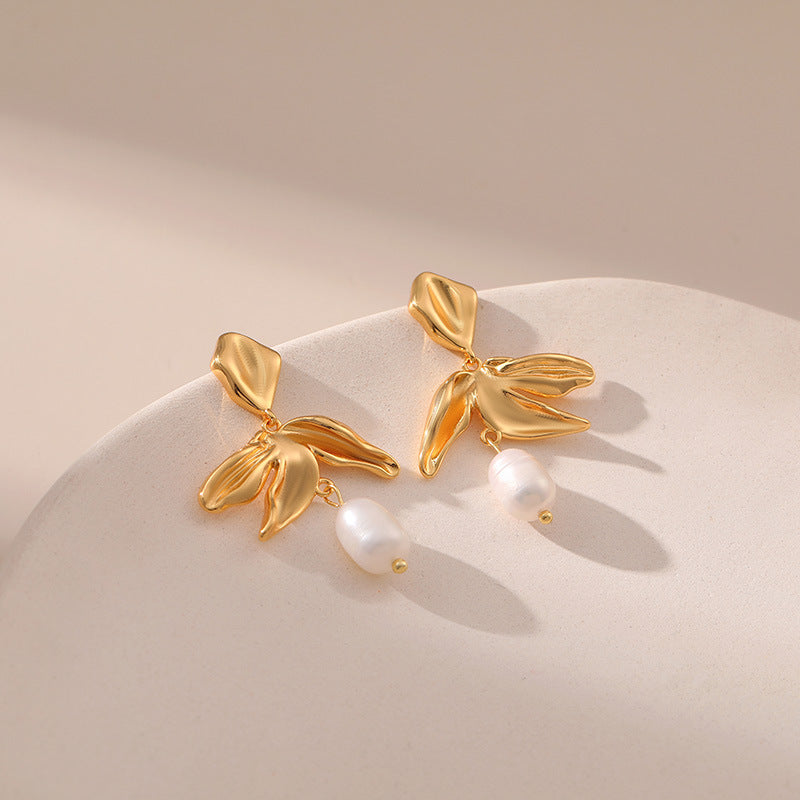 Wholesale Pearl S925 Silver Needle Leaf Plated 18K Real Gold Earrings