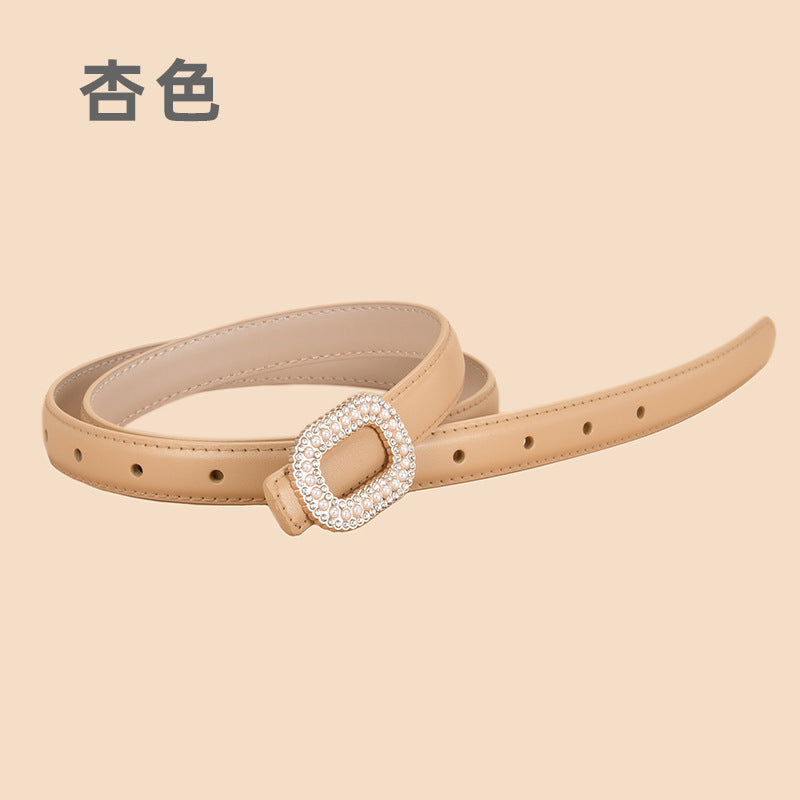 Wholesale Versatile Genuine Leather Belt with Round Buckle Inlaid with Pearls and Rhinestones