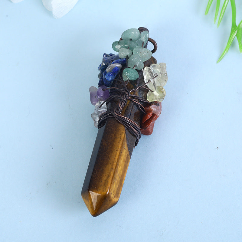 Wholesale Crystal Raw Stone Hexagonal Column Wrapped Copper Wire Tree of Life Colorful Gravel Pendant Necklaces