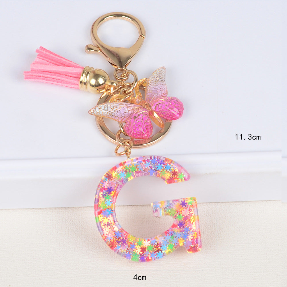 卸売スパンコールスノーフレークレター樹脂キーホルダー