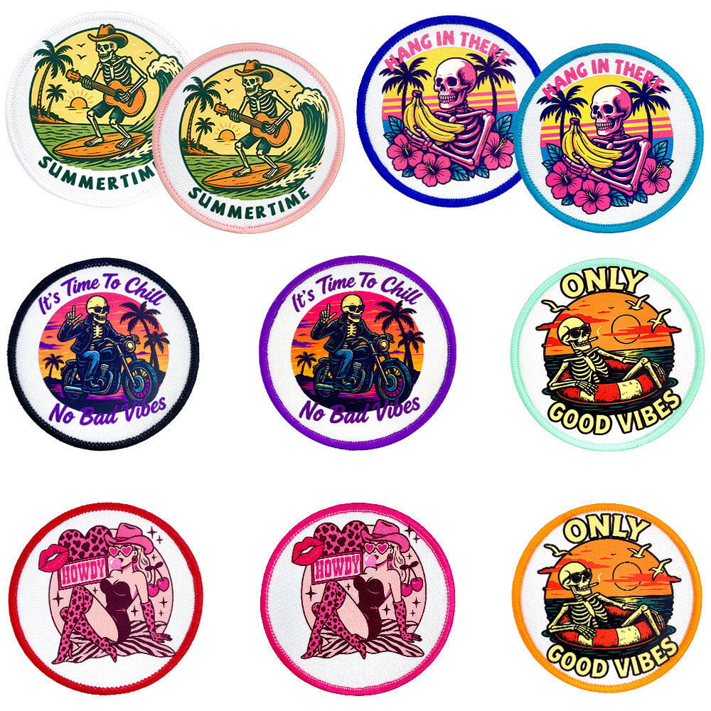 Wholesale Trendy Round Embroidered Patches With Fun Beach Skull Coffee Mom Themes Iron On DIY Appliques For Clothing And Bags Fashion Accessory