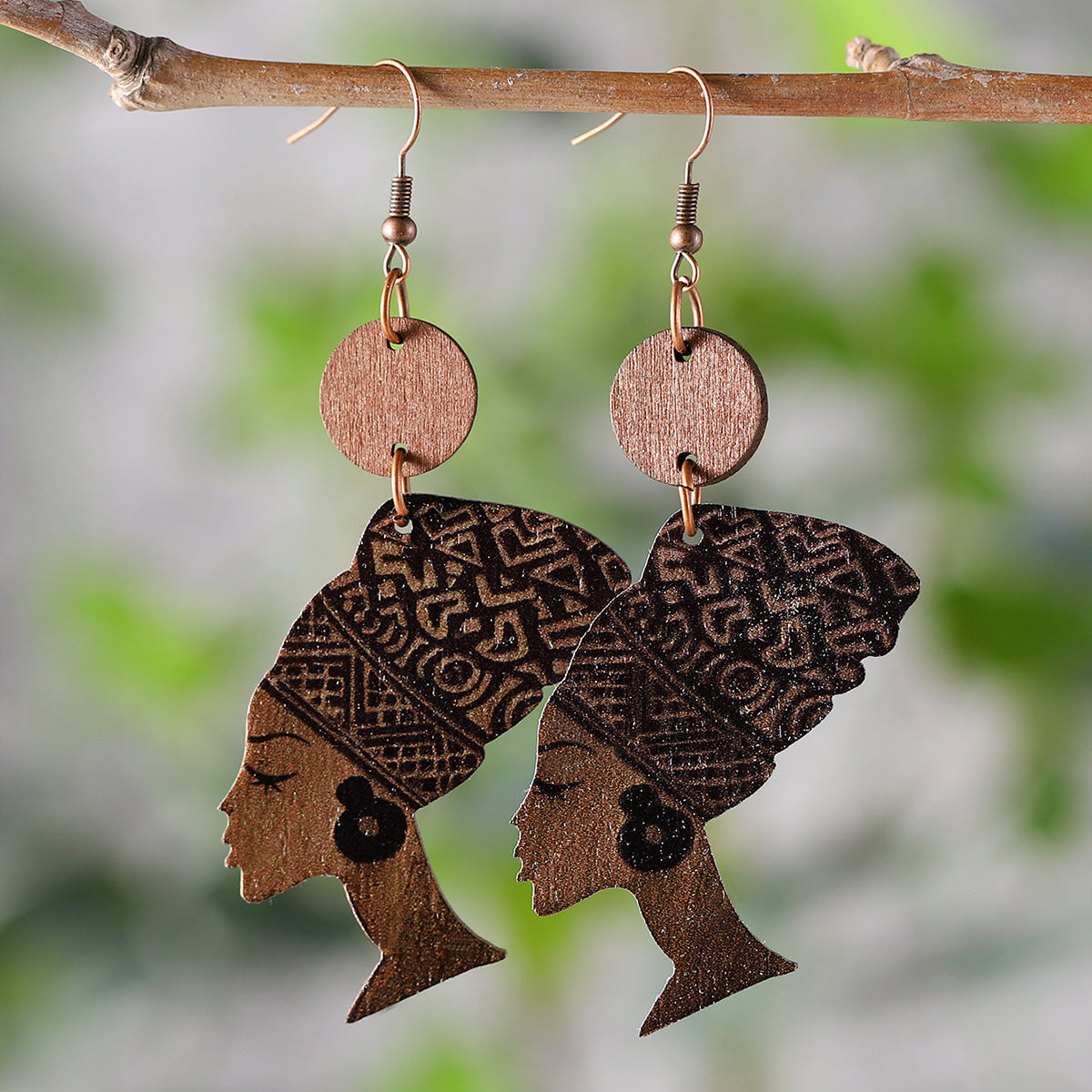 Wholesale Black History African Style Queen Head Pendant Wooden Double-Sided Earrings