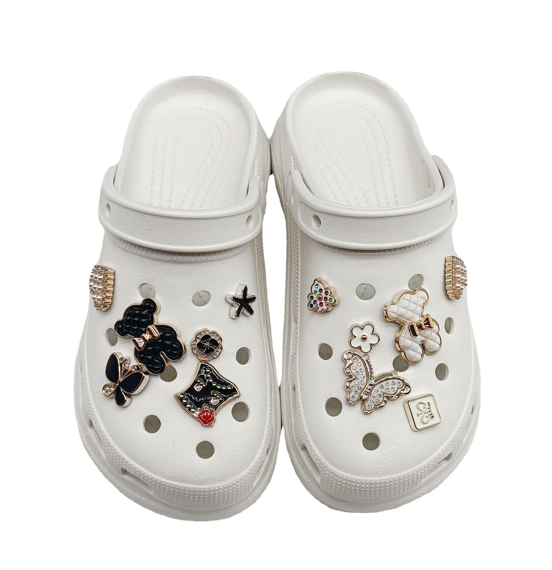 Wholesale DIY Black and White Bow Plaid Bear Buckle Slipper Accessories