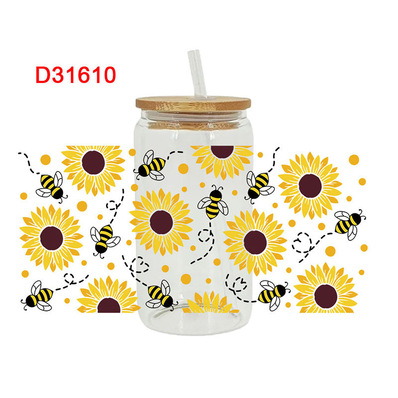 Wholesale Colorful bee flowers 16oz Cup UV DTF Wraps