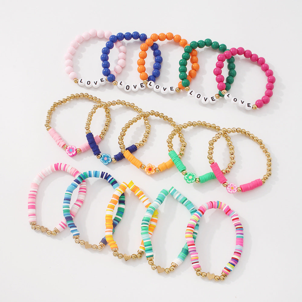 Wholesale Stacked Alphabet Flowers Rice Beads Colored Geometric Bracelet