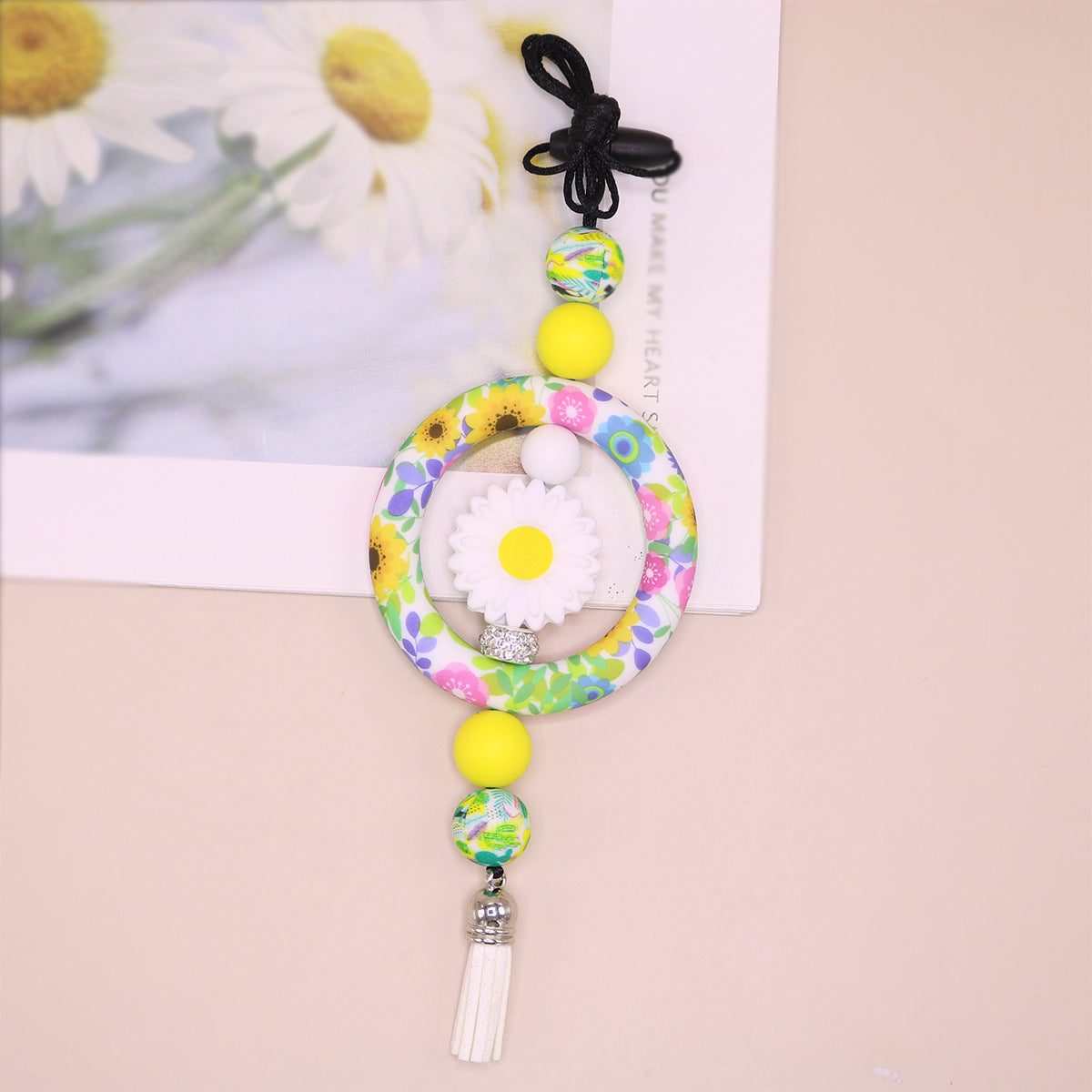 Wholesale Silicone Ring Keychain Christmas Cow Head Cross Flower Bead Pendant