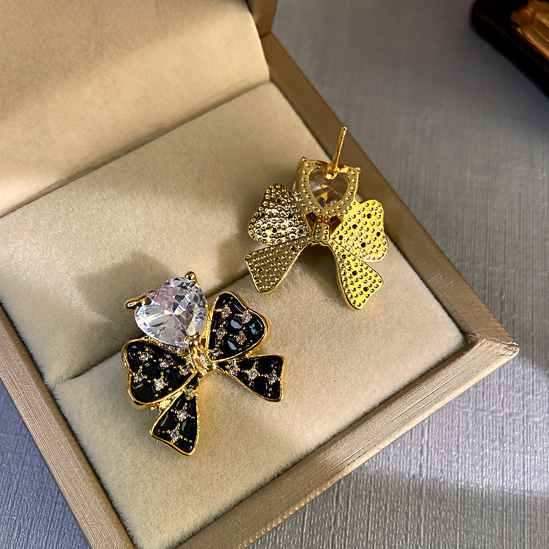 Wholesale Silver Needle Black Bow Micropaved Zirconia Stud Earrings