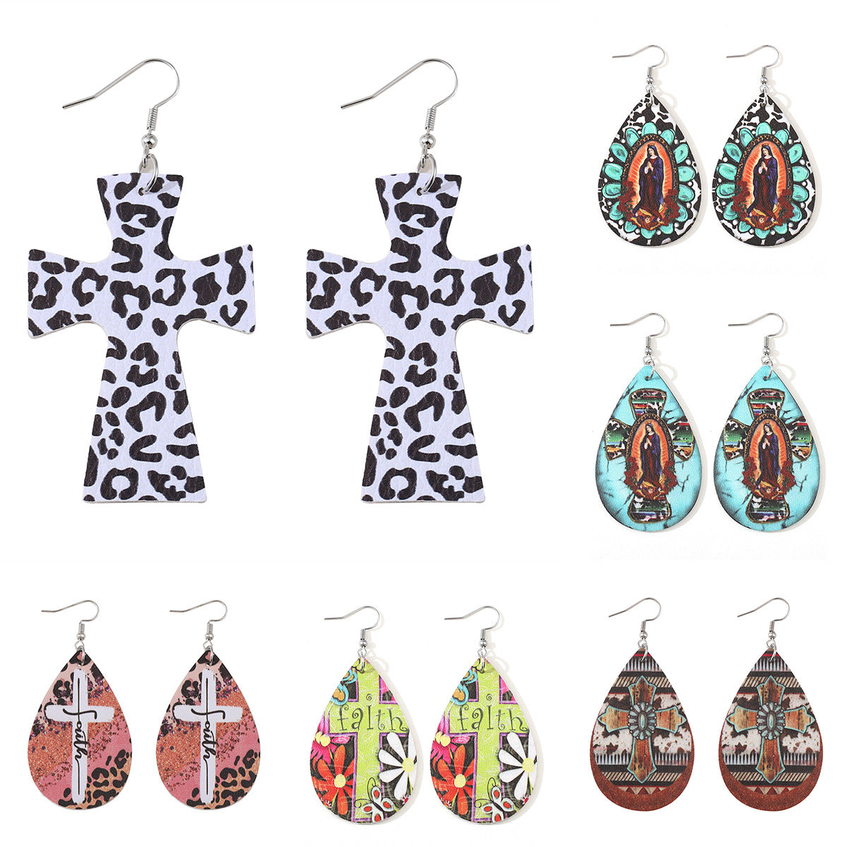Wholesale Retro cow pattern cross water drop PU double-sided earrings