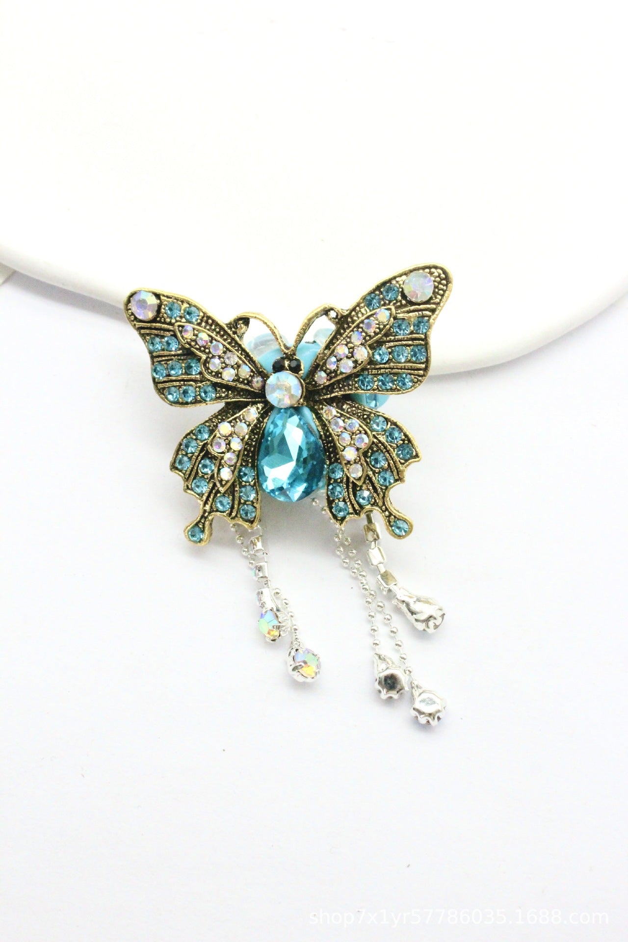 Wholesale Full Diamond Vintage Gold Rhinestone Tassel Butterfly Brooch