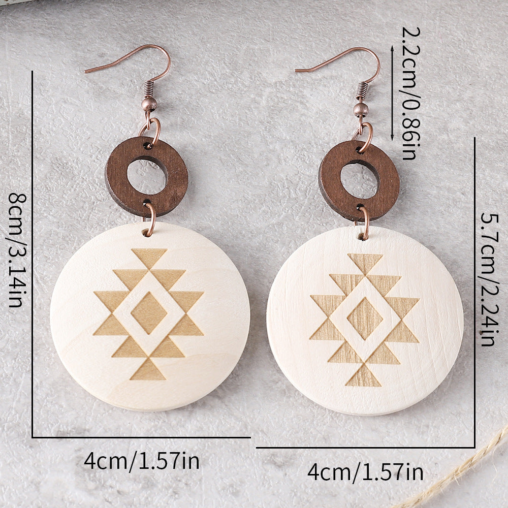 Wholesale Bohemian Western Style Cactus Sun Aztec Pattern Wooden Laser Disc Stitching Earrings