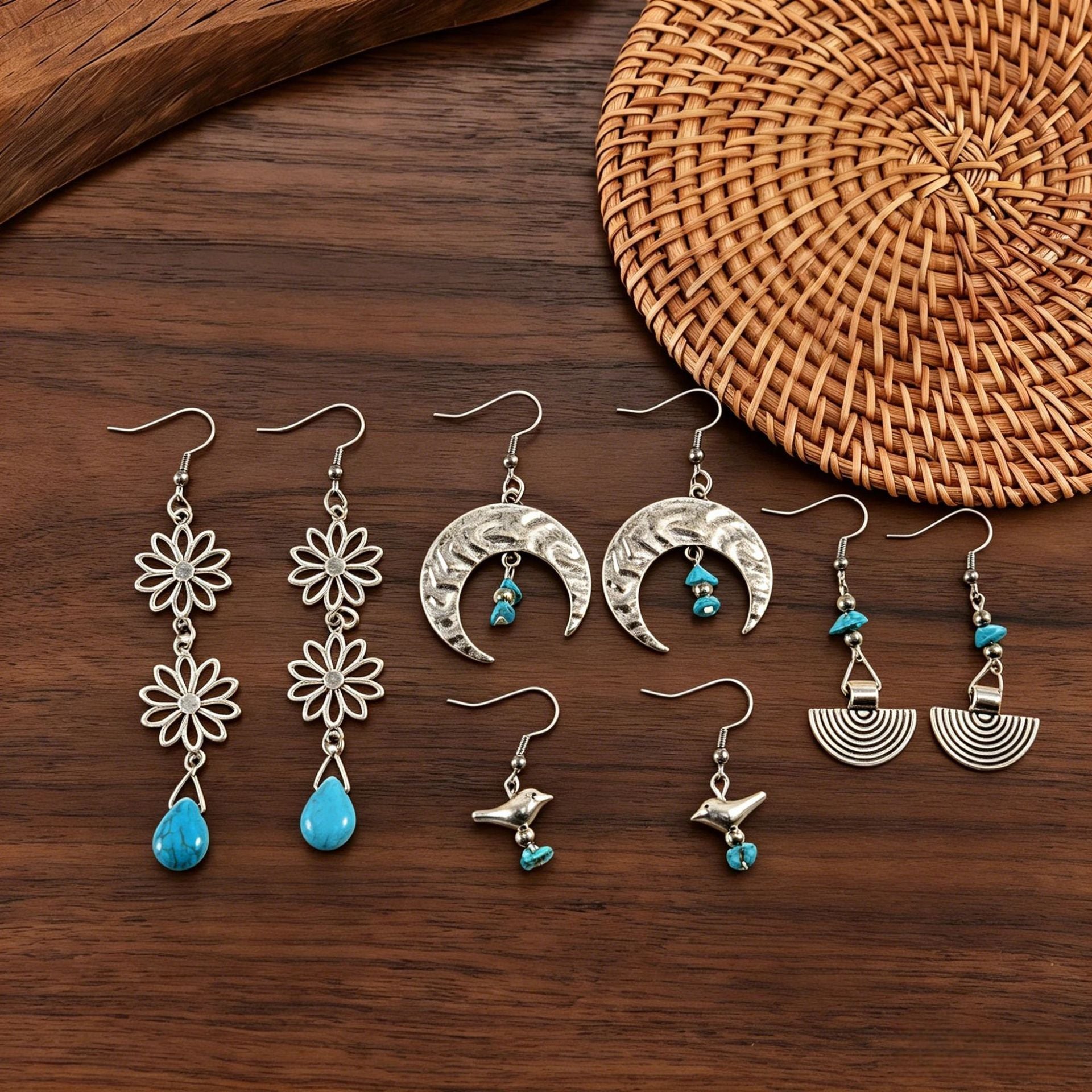 Wholesale Retro Bohemian Moon Drop Earrings For Women Turquoise Inlay Hollow Flower Zinc Alloy Everyday Wear