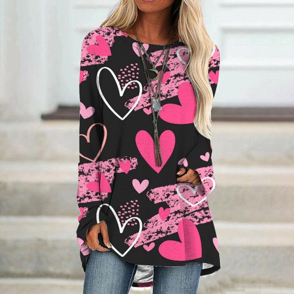 Wholesale Spring 3D Valentine's Day Love Printed Casual Loose Round Neck Long Sleeve T-shirt