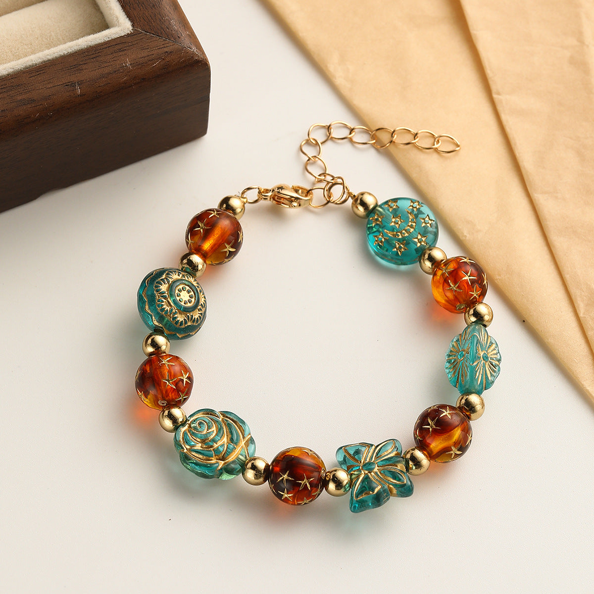 Wholesale Antique Golden Literary Retro Colorful Beaded Glass Bracelet