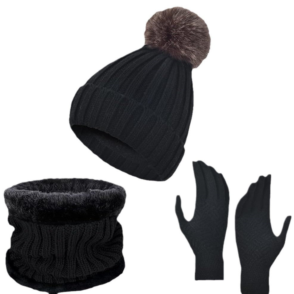 Wholesale Knitted Wool Warm Plus Velvet Thick Winter Scarf Gloves Hat Neck Three-piece Set