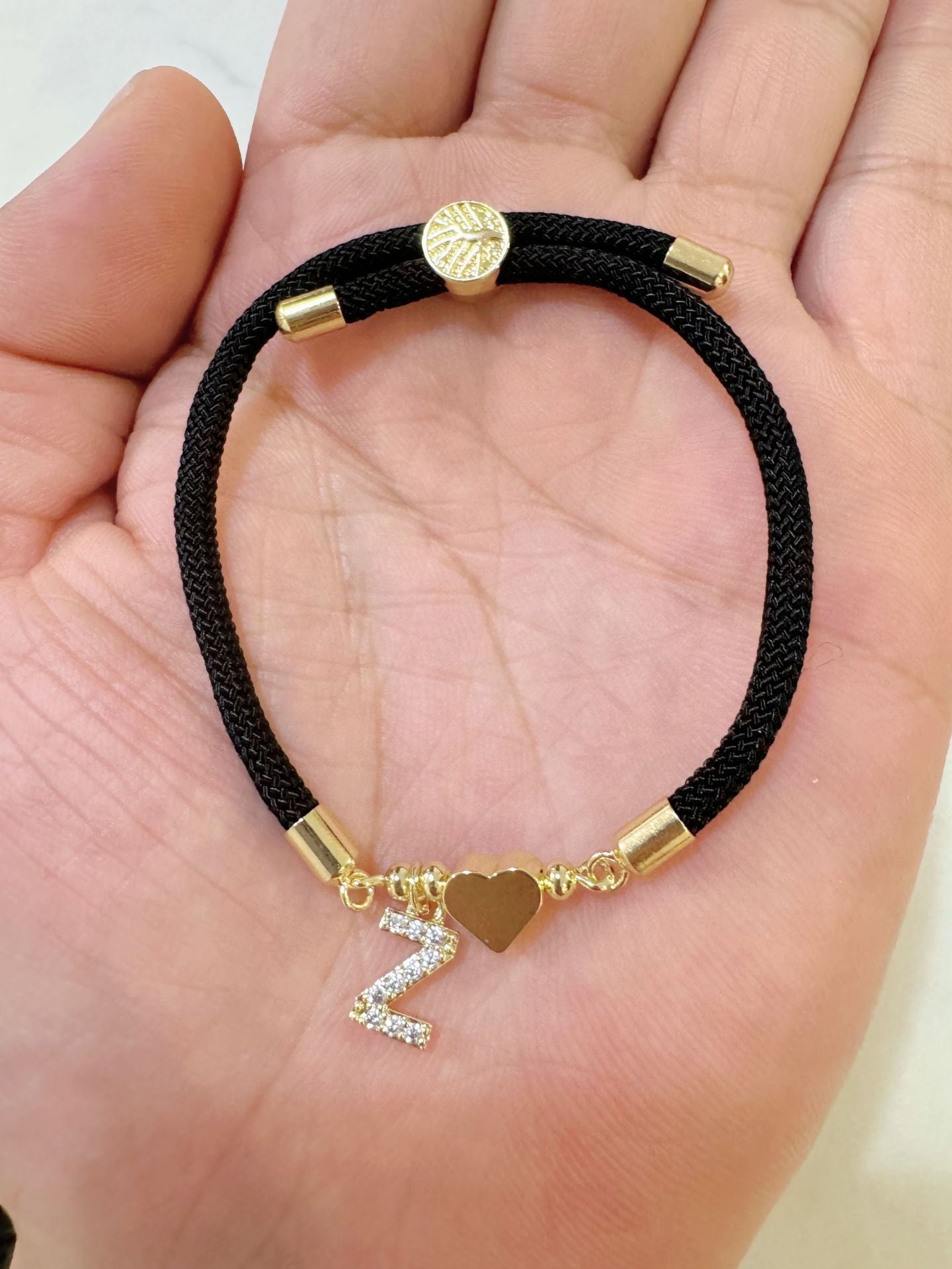 Wholesale A-Z Initial Letter Love Set Zirconia Adjustable Black Rope Bracelet