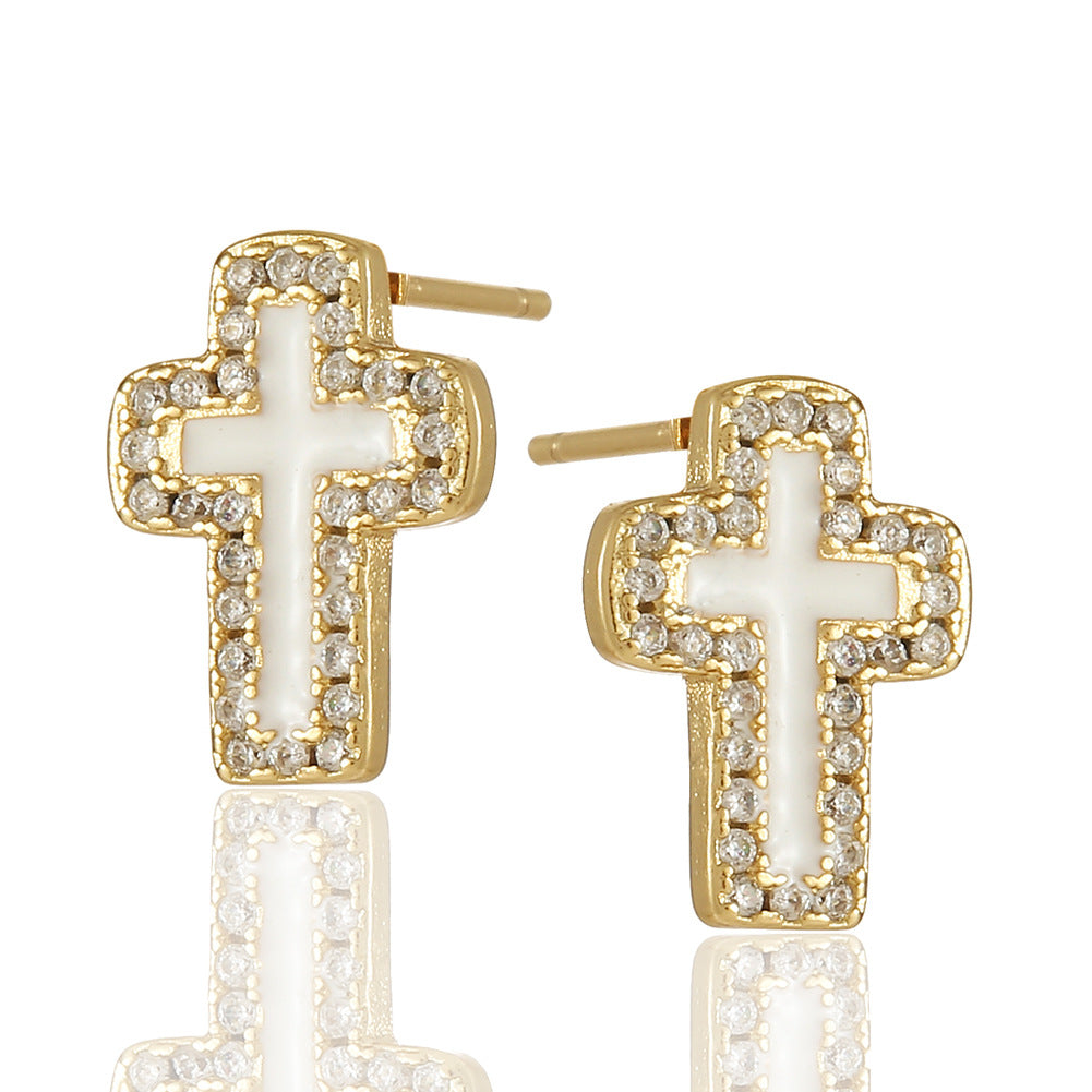 Wholesale Drip Oil Inlaid Zircon Cross Earrings