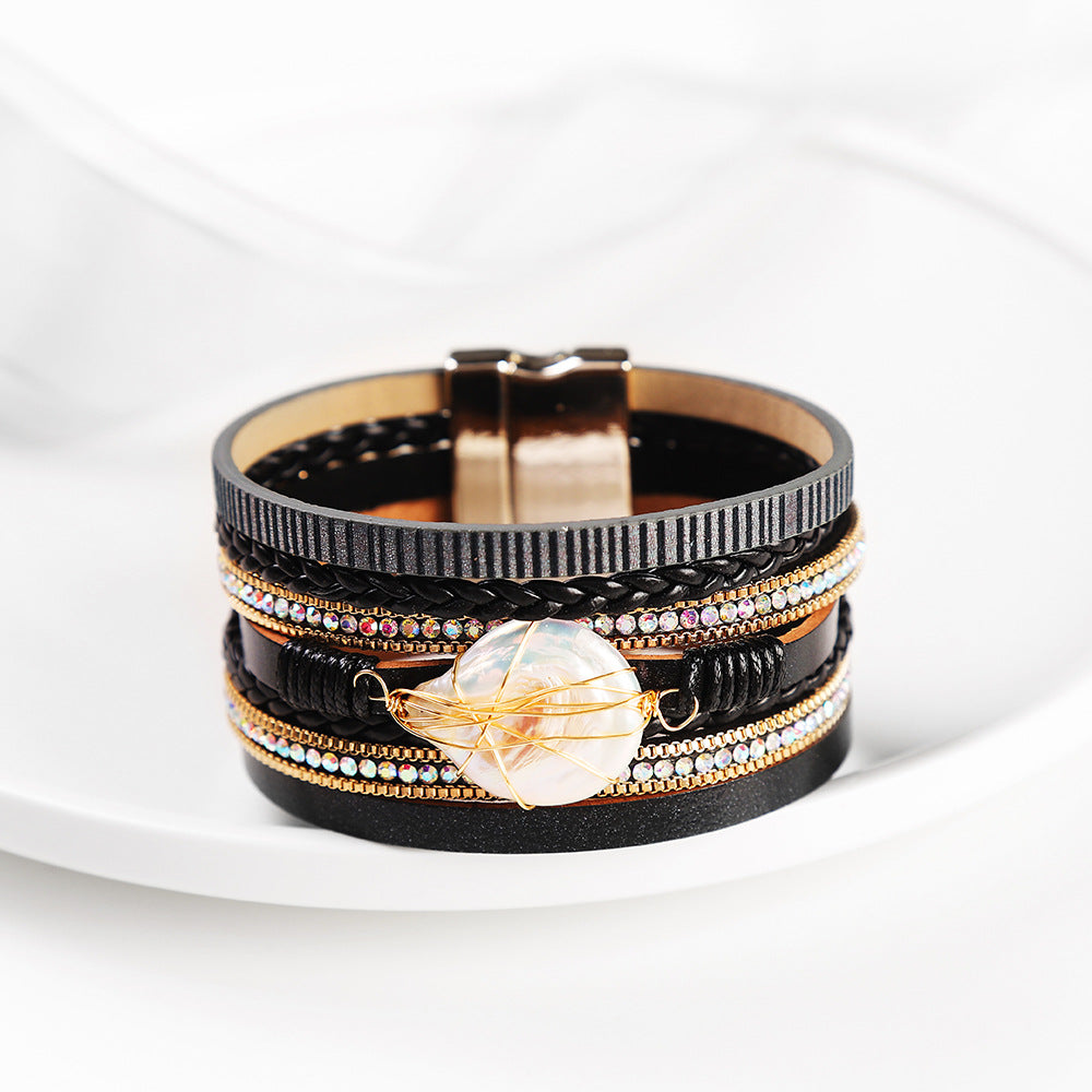 Wholesale Baroque Freshwater Pearl Braided Multi-Layered Leather Bracelet